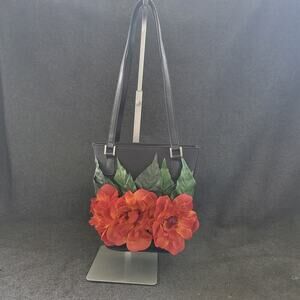 90s Whimsigoth Liz Claiborne Villager Black Purse Floral W/ Flower Charm